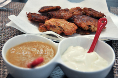 Potato Latkes Recipe serve with a side of apple sauce and sour cream, holiday recipe, hanukkah | Life's Tidbits