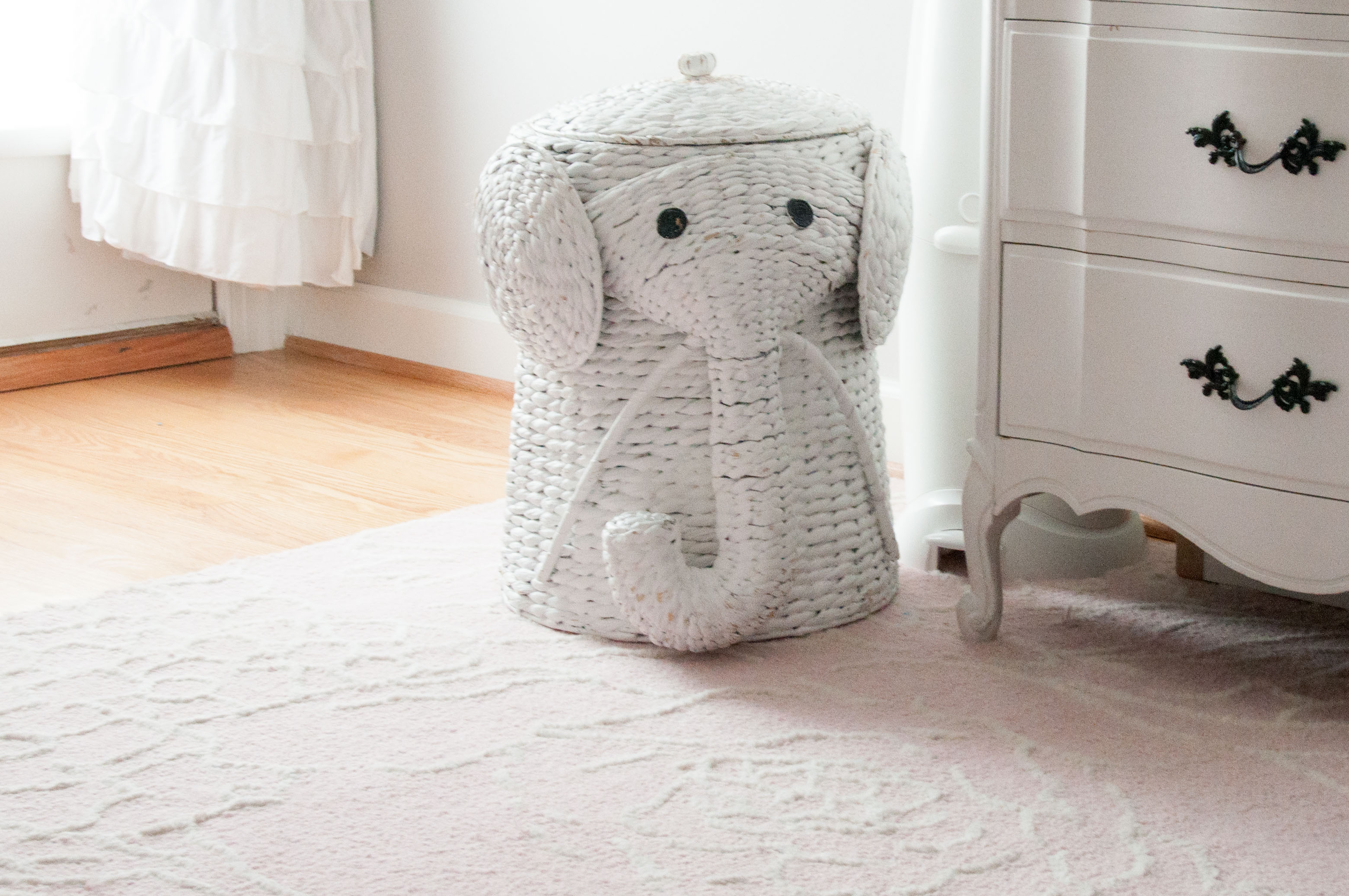 Light Pink, Gray and White Shabby Chic Nursery - Wicker Elephant Hamper | Life's Tidbits