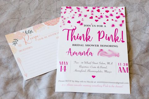 Think Pink! Bridal Shower Invitations - Front of Invitation with Recipe Card | Life's Tidbits