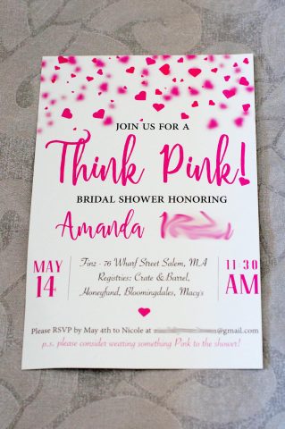 Think Pink! Bridal Shower Invitations - Front of Invitation | Life's Tidbits